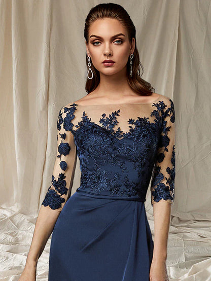 Sheath / Column Mother of the Bride Dress Plus Size Elegant Jewel Neck Sweep / Brush Train Chiffon Half Sleeve with Appliques