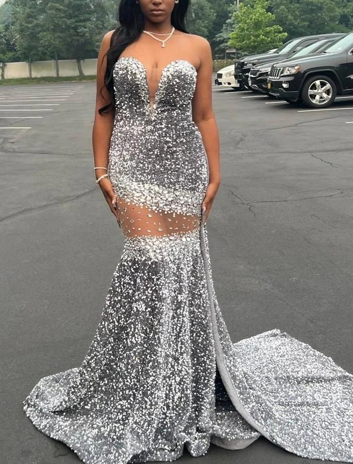 Mermaid Evening Gown Sparkle Prom Dress Carnival Formal Court Train Sleeveless Strapless African American Sequined