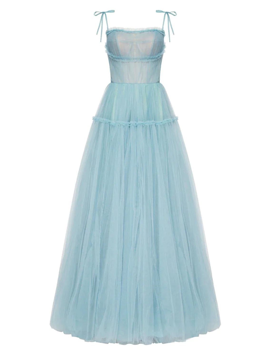 A-Line Prom Dresses Elegant Dress Wedding Guest Floor Length Sleeveless Spaghetti Strap Tulle with Pleats Ruffles