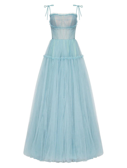 A-Line Prom Dresses Elegant Dress Wedding Guest Floor Length Sleeveless Spaghetti Strap Tulle with Pleats Ruffles