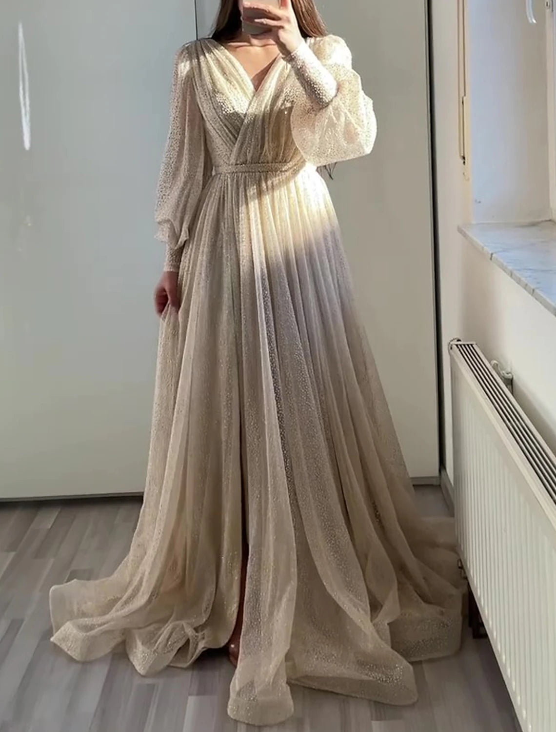 A-Line Prom Dresses Elegant Dress Formal Black Tie Floor Length Long Sleeve V Neck Fall Wedding Guest Tulle