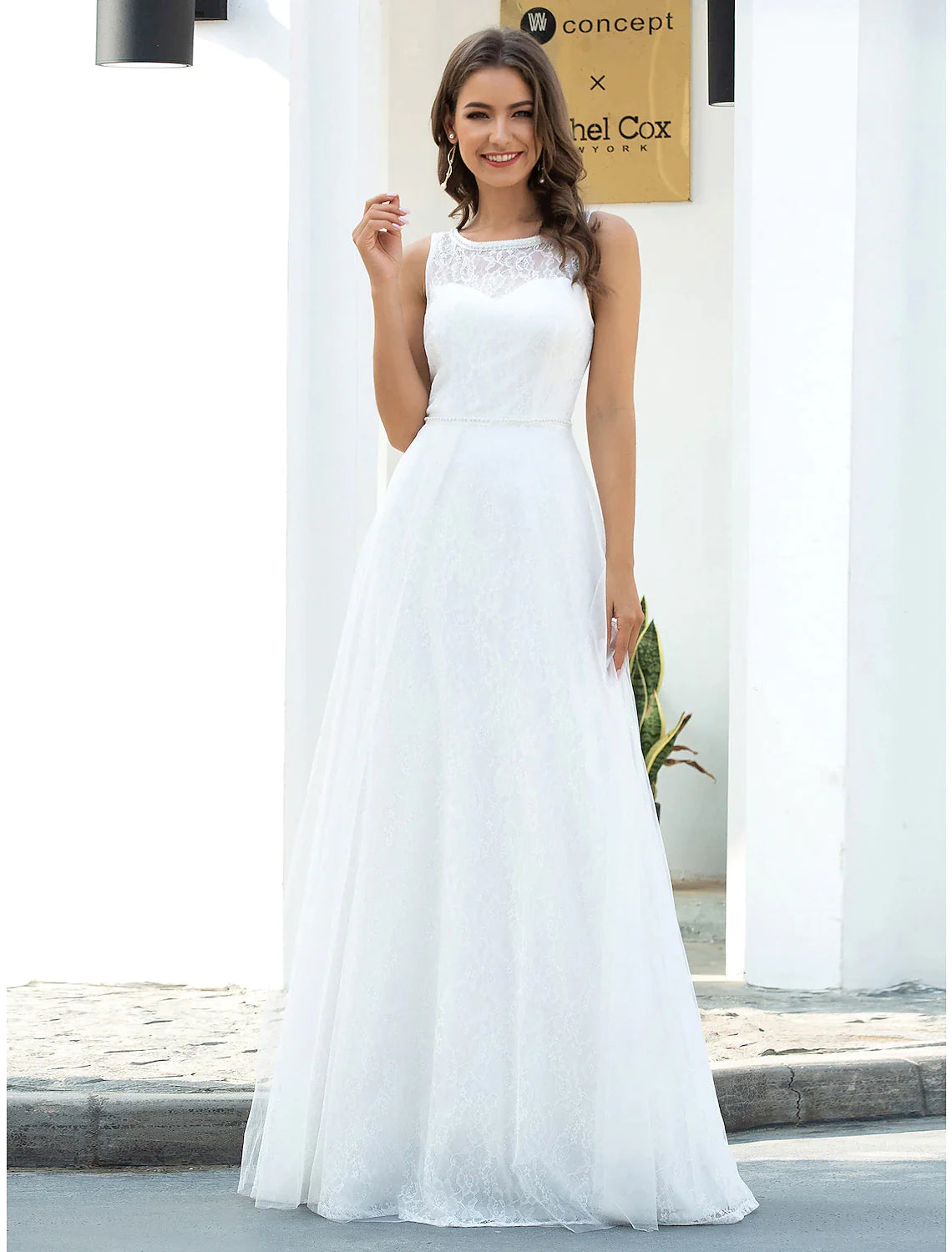 Beach Wedding Dresses A-Line Scoop Neck Sleeveless Floor Length Lace Bridal Gowns With Lace