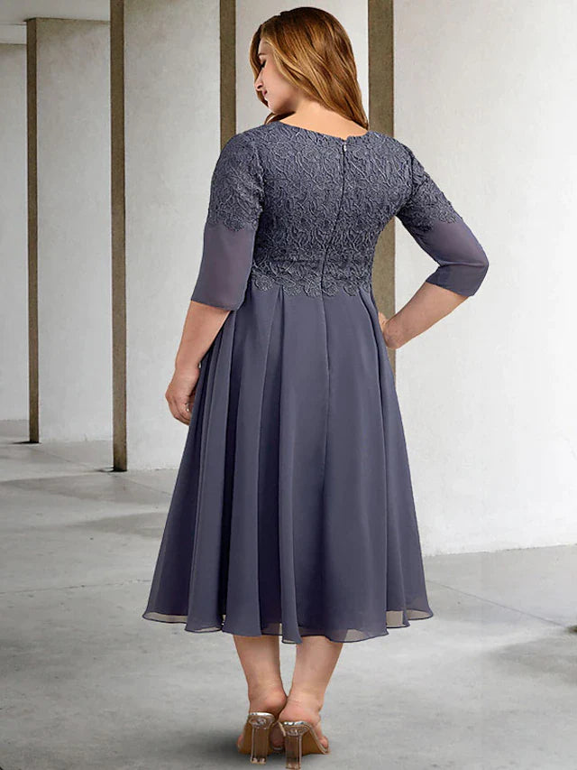 A-Line Plus Size Curve Mother of the Bride Dresses Elegant Dress Formal Tea Length Half Sleeve V Neck Chiffon with Buttons Appliques