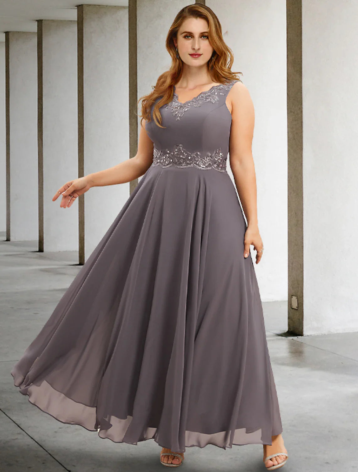 Evening Gown Elegant Dress Formal Tea Length Sleeveless V Neck Chiffon with Appliques