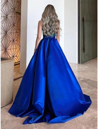 Evening Gown Elegant Dress Formal Court Train Sleeveless Halter Neck Satin with Pleats