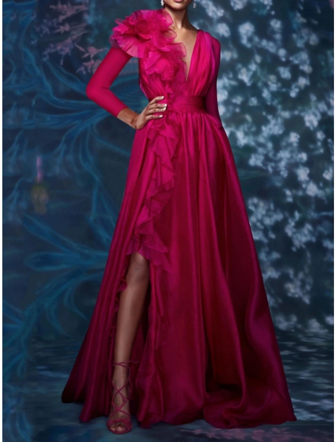 A-Line Evening Gown Floral Dress Red Green Dress Wedding Guest Wedding Party Floor Length Long Sleeve V Neck Chiffon