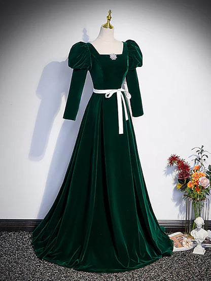 Evening Gown Maxi Dress Formal Floor Length Long Sleeve Square Neck Velvet with Pleats Crystals Strappy