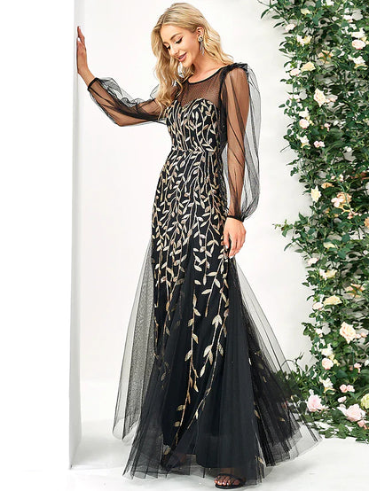 Evening Gown Elegant Dress Formal Floor Length Long Sleeve Jewel Neck Tulle with Sequin