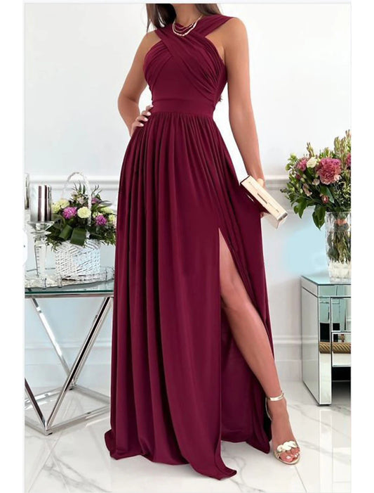 A-Line Evening Dresses Sexy Dress Formal Wedding Guest Floor Length Sleeveless Halter Neck Bridesmaid Dress Chiffon