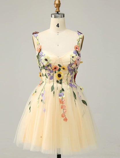 A-Line Homecoming Dresses Floral Dress Cocktail Party Short / Mini Sleeveless Spaghetti Strap Tulle