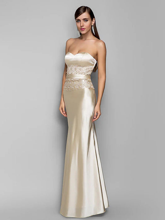 Evening Gown Open Back Dress Wedding Guest Floor Length Sleeveless Sweetheart Stretch Satin with Appliques