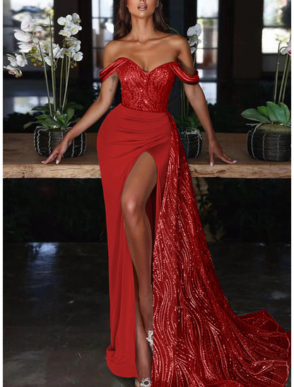 Mermaid Dress Evening Gown Red Green Dress Dress Formal Wedding Guest Court Train Sleeveless Off Shoulder Charmeuse