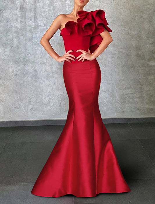 Mermaid Evening Gown Corsets Dress Formal Wedding Guest Floor Length Sleeveless One Shoulder Taffeta