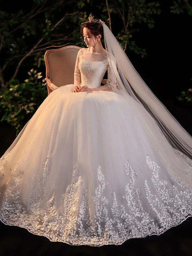 Engagement Formal Wedding Dresses Floor Length Ball Gown Half Sleeve Illusion Neck Lace With Appliques