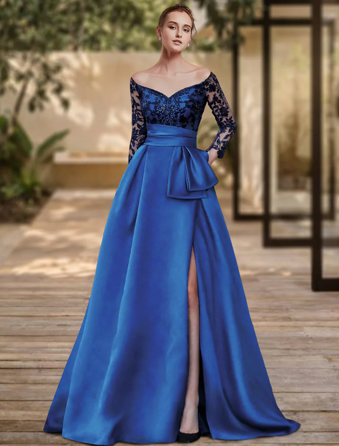 Evening Gown High Split Dress Formal Wedding Guest Sweep / Brush Train 3/4 Length Sleeve Off Shoulder Charmeuse with Bow(s) Sequin Slit