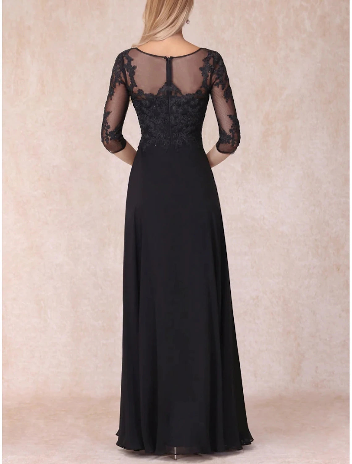 A-Line Mother of the Bride Dress Wedding Guest Elegant V Neck Floor Length Chiffon Lace 3/4 Length Sleeve