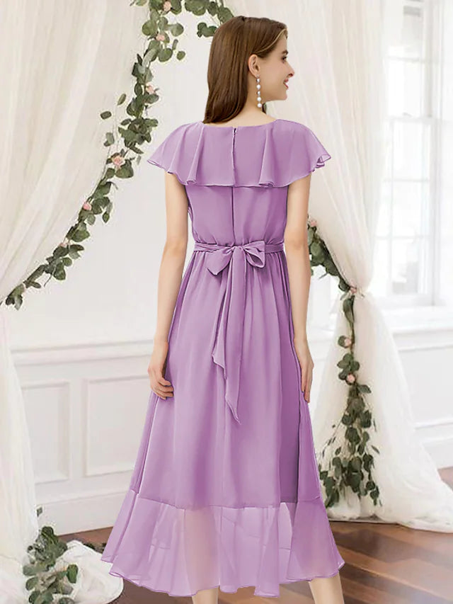 Bridesmaid Dress V Neck Sleeveless Elegant Asymmetrical Chiffon with Pleats Ruffles