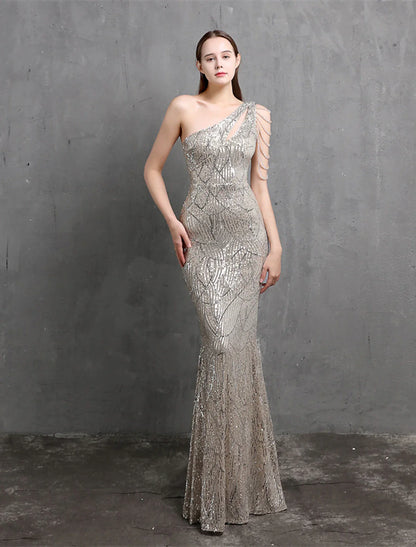 Evening Gown Sparkle & Shine Dress Formal Floor Length Short Sleeve One Shoulder Sequined with Sequin