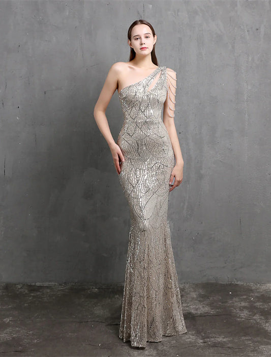 Evening Gown Sparkle & Shine Dress Formal Floor Length Short Sleeve One Shoulder Sequined with Sequin