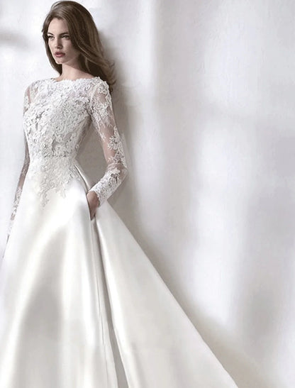 Reception Formal Wedding Dresses A-Line Illusion Neck Long Sleeve Chapel Train Satin Bridal Gowns With Lace Pleats