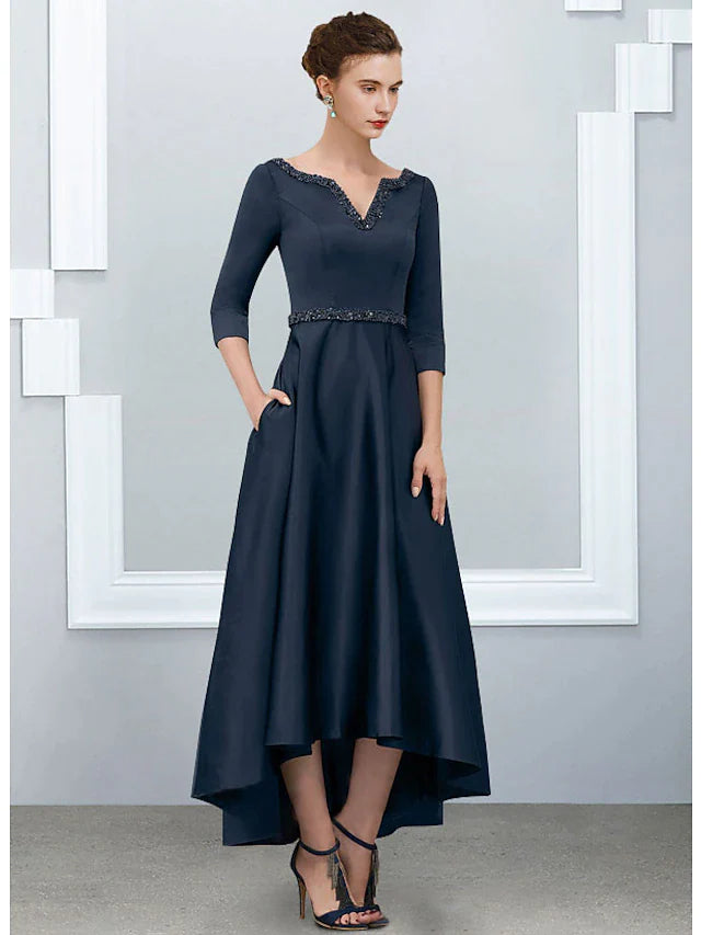 A-Line Mother of the Bride Dress Elegant High Low V Neck Asymmetrical Ankle Length Satin Half Sleeve with Pleats