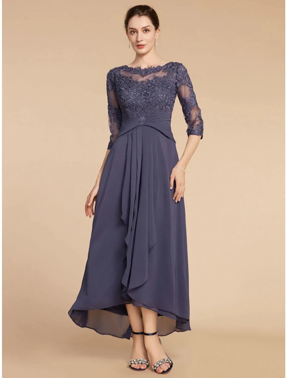 A-Line Mother of the Bride Dress Wedding Guest Elegant Scoop Neck Ankle Length Chiffon Lace 3/4 Length Sleeve with Ruching Solid Color