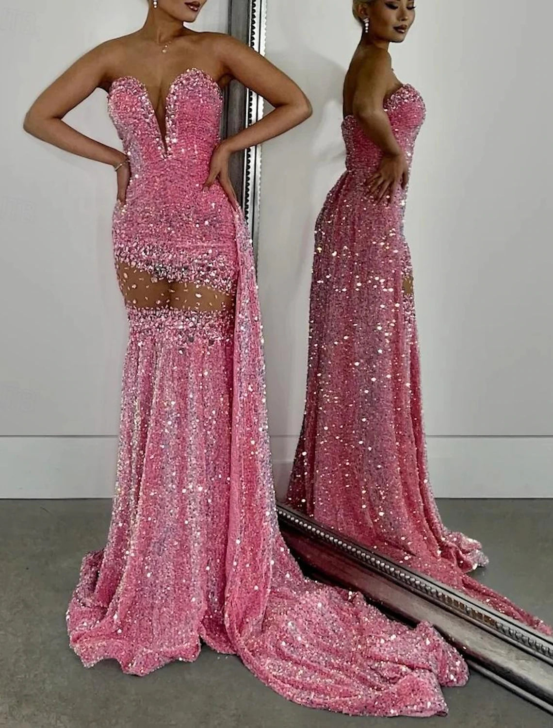 Mermaid Evening Gown Sparkle Prom Dress Carnival Formal Court Train Sleeveless Strapless African American Sequined