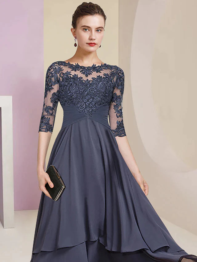 Sheath / Column Mother of the Bride Dress Wedding Guest Party Elegant High Low Jewel Neck Asymmetrical Chiffon Lace Half Sleeve with Pleats Solid Color