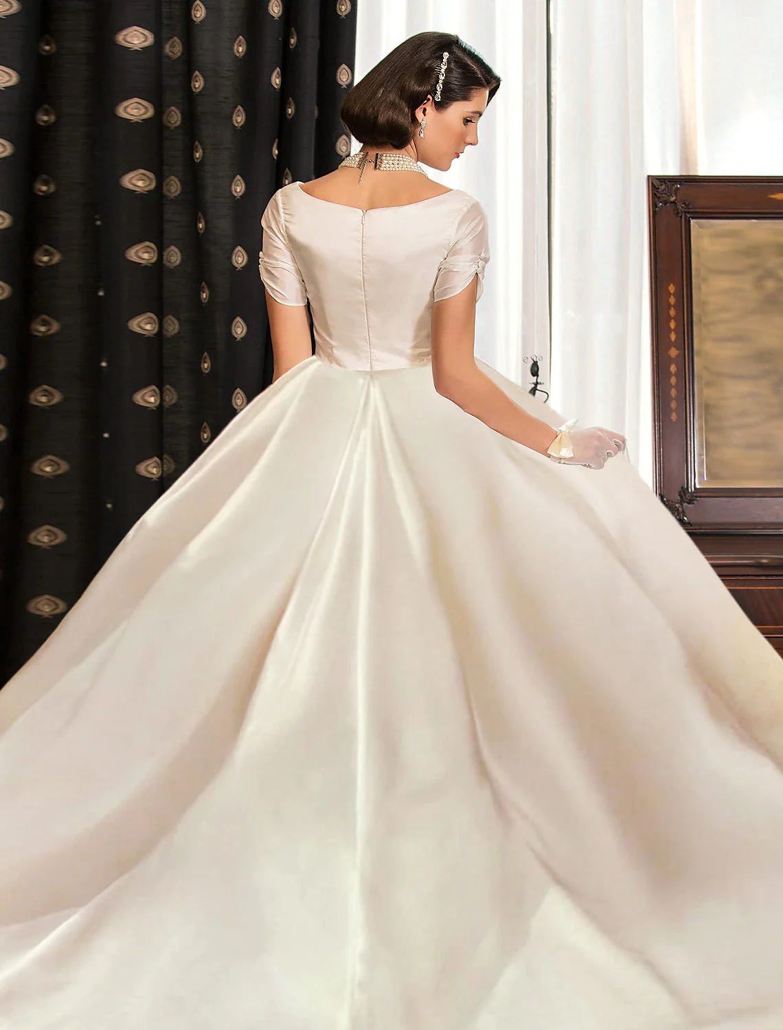 Engagement Formal Wedding Dresses Ball Gown V Neck Short Sleeve Court Train Satin Bridal Gowns With Ruched Solid Color