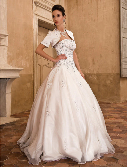 Hall Wedding Dresses Ball Gown Strapless Short Sleeve Floor Length Satin Bridal Gowns With Beading Appliques