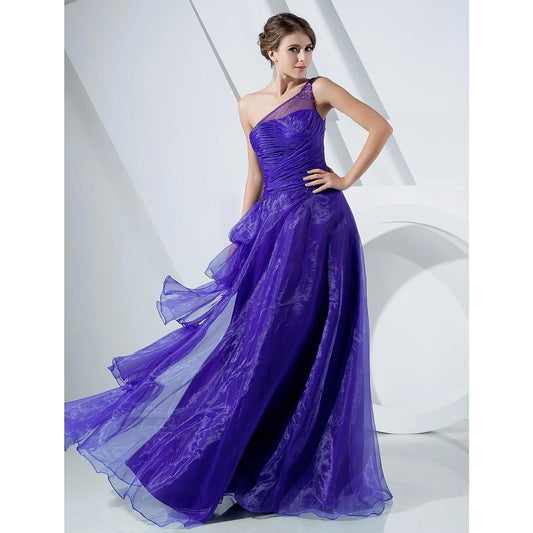 Evening Floor Length Sleeveless One Shoulder Organza with Side Draping Cascading Ruffles