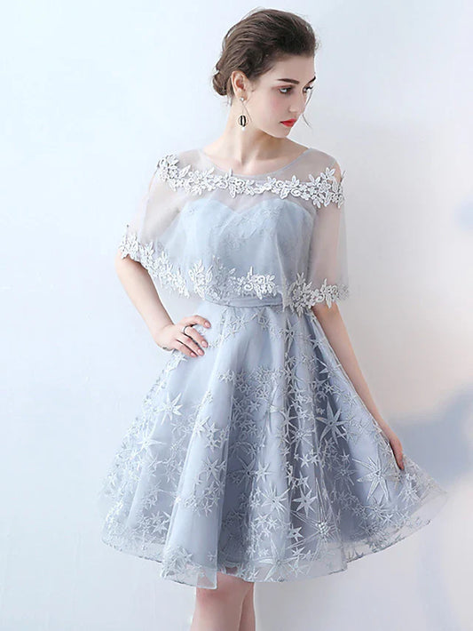 Cocktail Party Dress Jewel Neck Half Sleeve Short / Mini Tulle with Lace Insert Pattern / Print