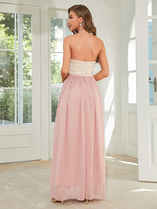 A-Line Wedding Guest Dresses Floral Dress Party Wear Ankle Length Sleeveless Strapless Chiffon Backless with Appliques