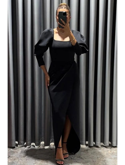 Black Dress Sheath / Column Evening Gown Elegant Dress Formal Fall Asymmetrical 3/4 Length Sleeve Square Neck Stretch Fabric