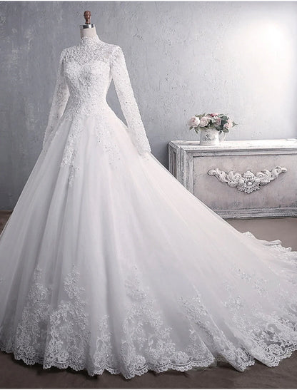 Engagement Formal Wedding Dresses Ball Gown High Neck Long Sleeve Court Train Lace Bridal Gowns With Appliques