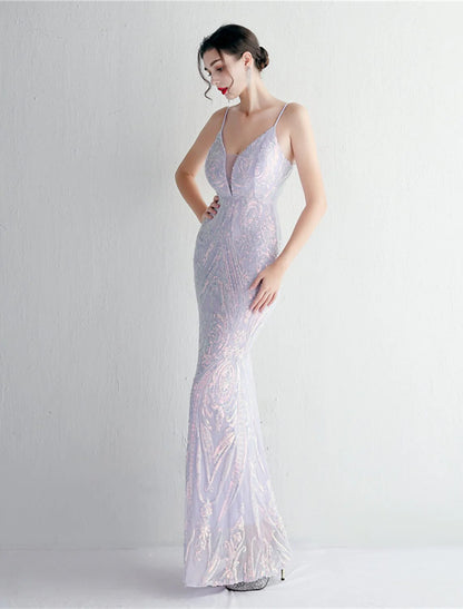 Evening Gown Sparkle & Shine Dress Formal Floor Length Sleeveless Spaghetti Strap Sequined with Sequin