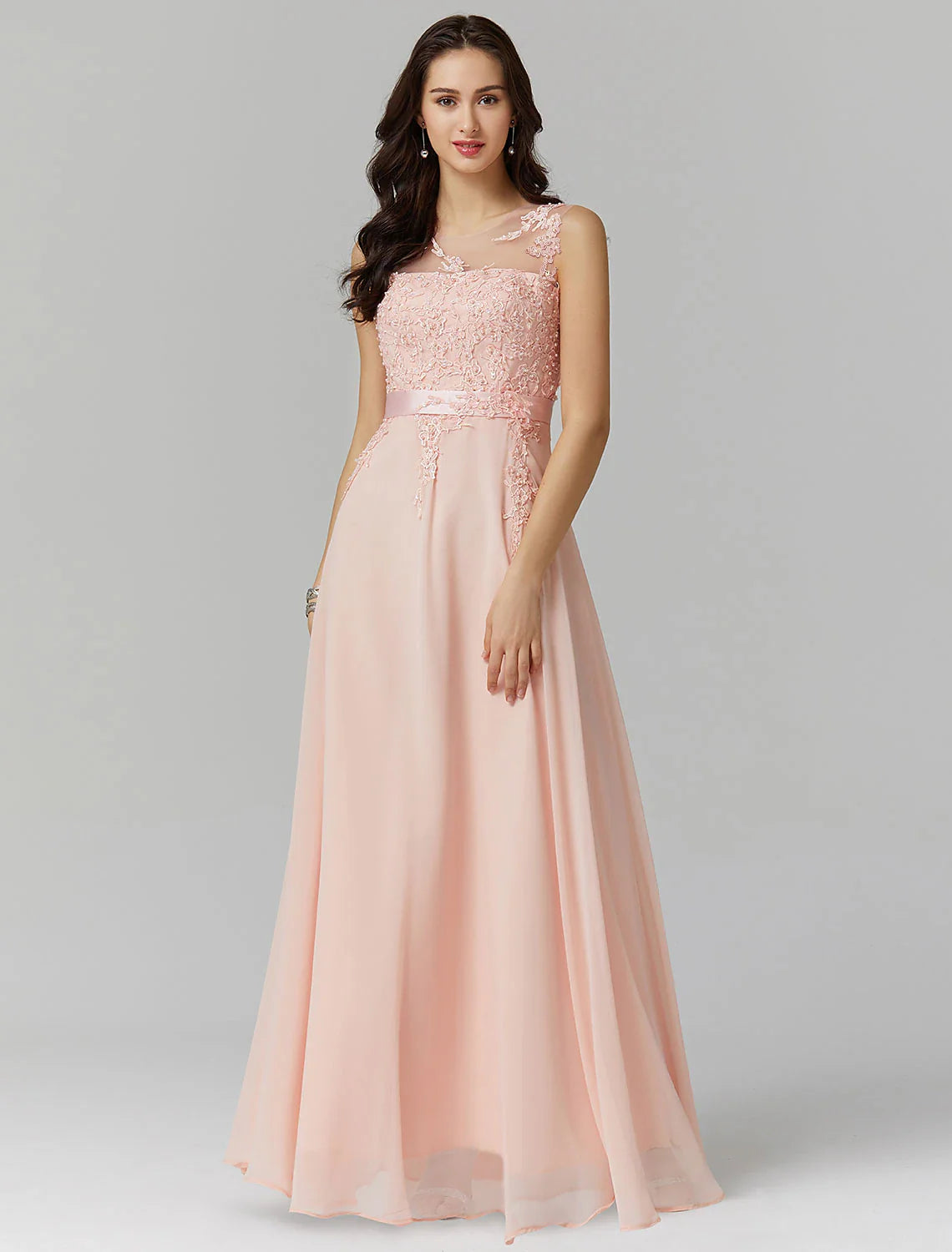 A-Line Evening Dress Wedding Guest Prom Floor Length Sleeveless Illusion Neck Chiffon V Back with Beading Appliques