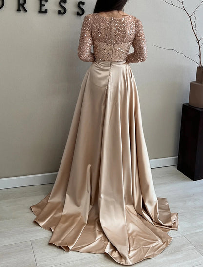 A-Line Evening Gown Elegant Dress Wedding Black Tie Floor Length Long Sleeve Jewel Neck Satin