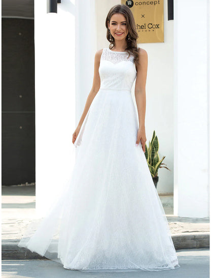 Beach Wedding Dresses Floor Length A-Line Sleeveless Scoop Neck Lace With Lace