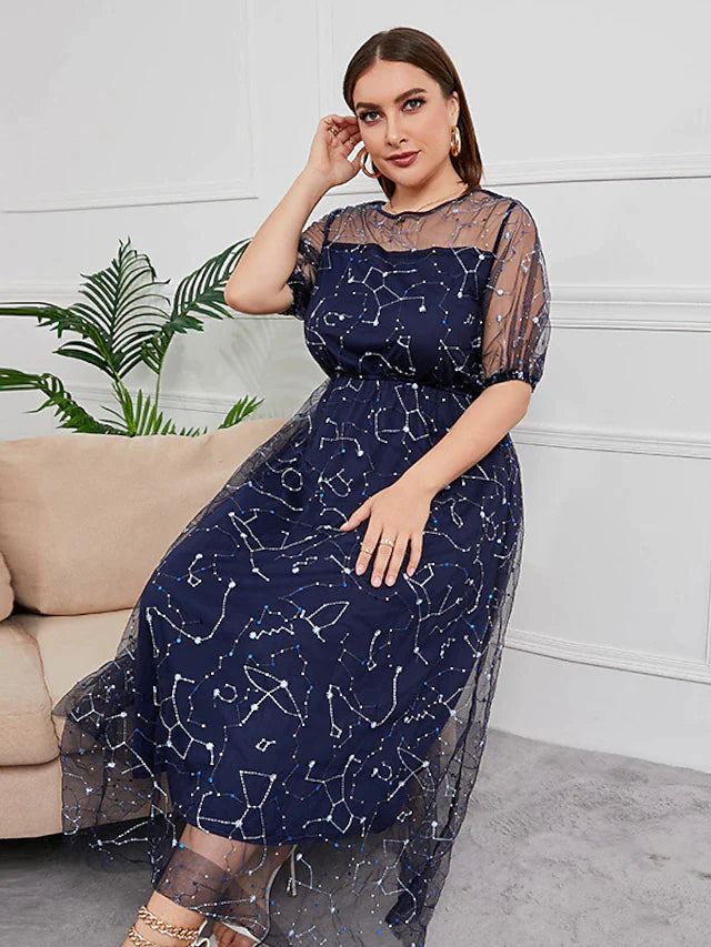 Plus Size Curve Mother of the Bride Dress Party Sparkle & Shine Scoop Neck Ankle Length Tulle Half Sleeve with Sequin Embroidery