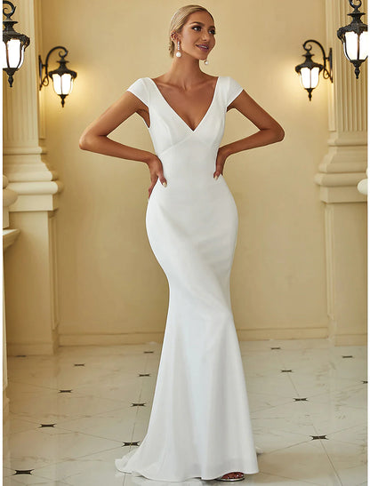 Reception Casual Wedding Dresses Mermaid / Trumpet V Neck Cap Sleeve Sweep / Brush Train Bridal Gowns With Draping Solid Color