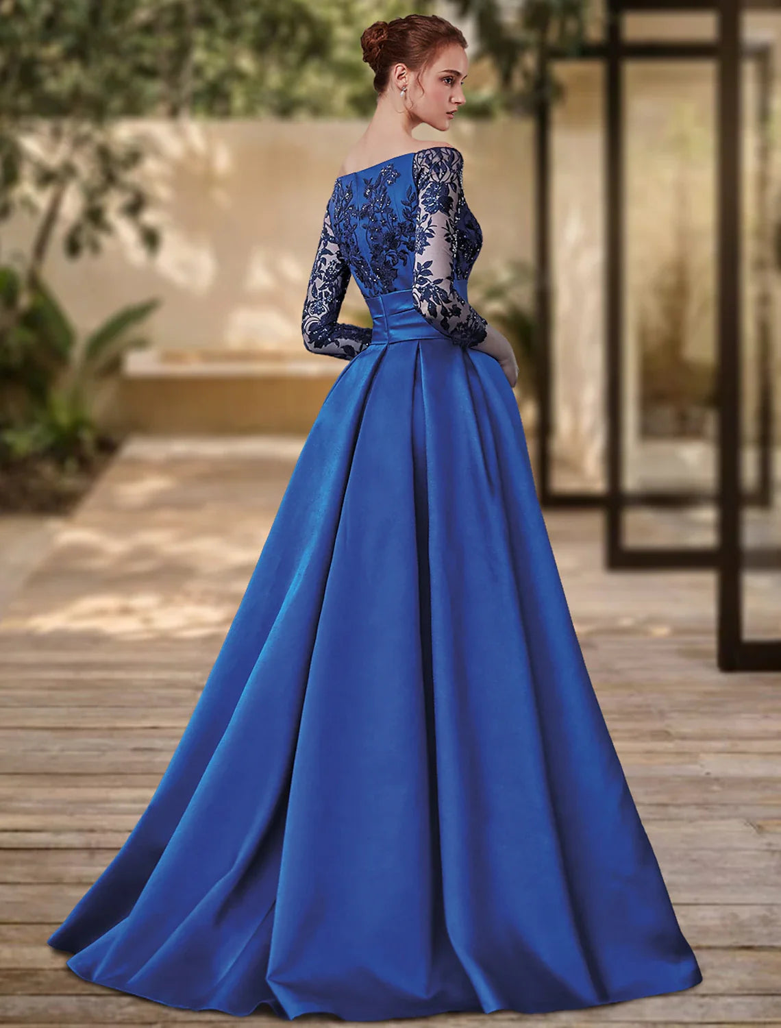 Evening Gown High Split Dress Formal Wedding Guest Sweep / Brush Train 3/4 Length Sleeve Off Shoulder Charmeuse with Bow(s) Sequin Slit