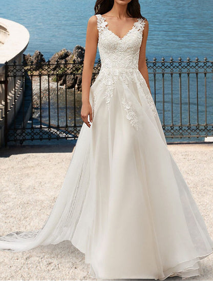 Beach Open Back Wedding Dresses A-Line V Neck Sleeveless Court Train Lace Bridal Gowns