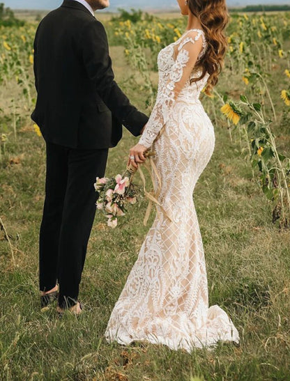 Engagement Formal Boho Wedding Dresses Mermaid / Trumpet Illusion Neck Long Sleeve Sweep / Brush Train Lace Bridal Gowns