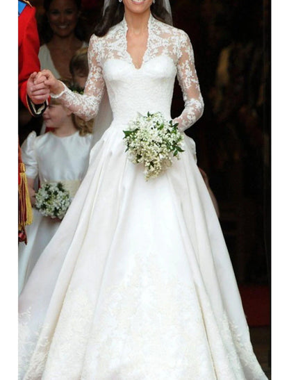 Engagement Formal Wedding Dresses A-Line Illusion Neck Long Sleeve Court Train Satin Bridal Gowns With Pleats Appliques