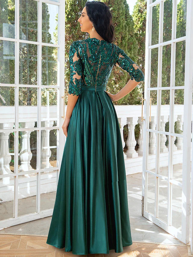 A-Line Evening Gown Elegant Dress Wedding Party Floor Length Half Sleeve Illusion Neck Satin with Pleats Sequin Slit