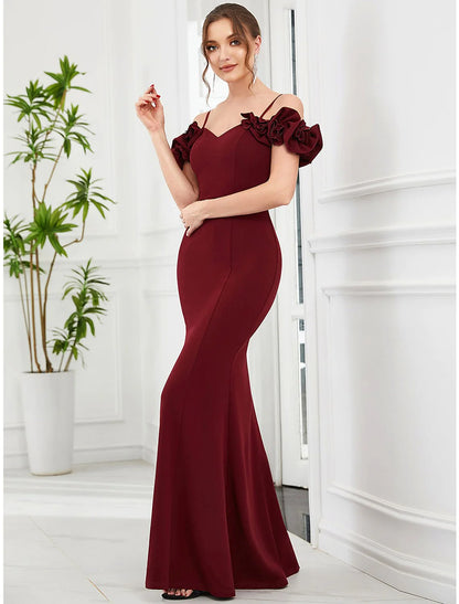 Evening Gown Vintage Dress Engagement Floor Length Sleeveless Off Shoulder Polyester with Ruffles