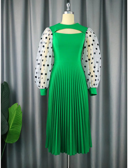 A-Line Party Dresses Cut Out Dress Cocktail Party Tea Length Long Sleeve Jewel Neck Chiffon with Pleats