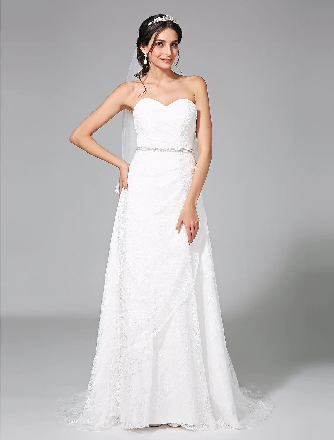 Wedding Dresses A-Line Sweetheart Sleeveless Sweep / Brush Train Lace Bridal Gowns With Sash / Ribbon Side-Draped