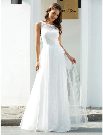 Beach Wedding Dresses Floor Length A-Line Sleeveless Scoop Neck Lace With Lace